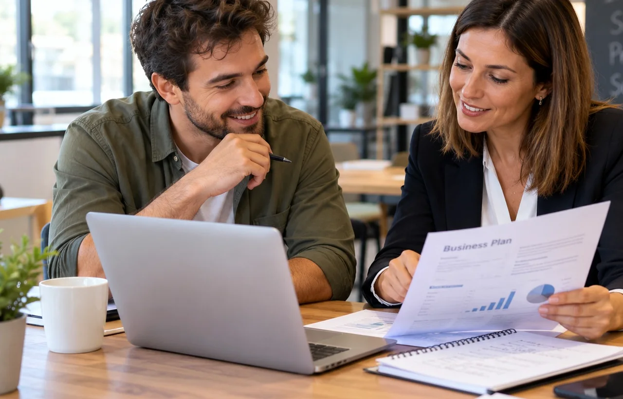 Arbeitnehmerin Mitte fünfzig im Beratungsgespräch in einer österreichischen Bankfiliale