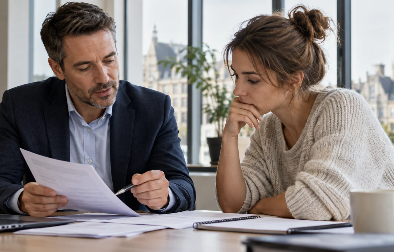 Vijftiger bespreekt een lening op afbetaling met een bankadviseur in een Belgisch kantoor