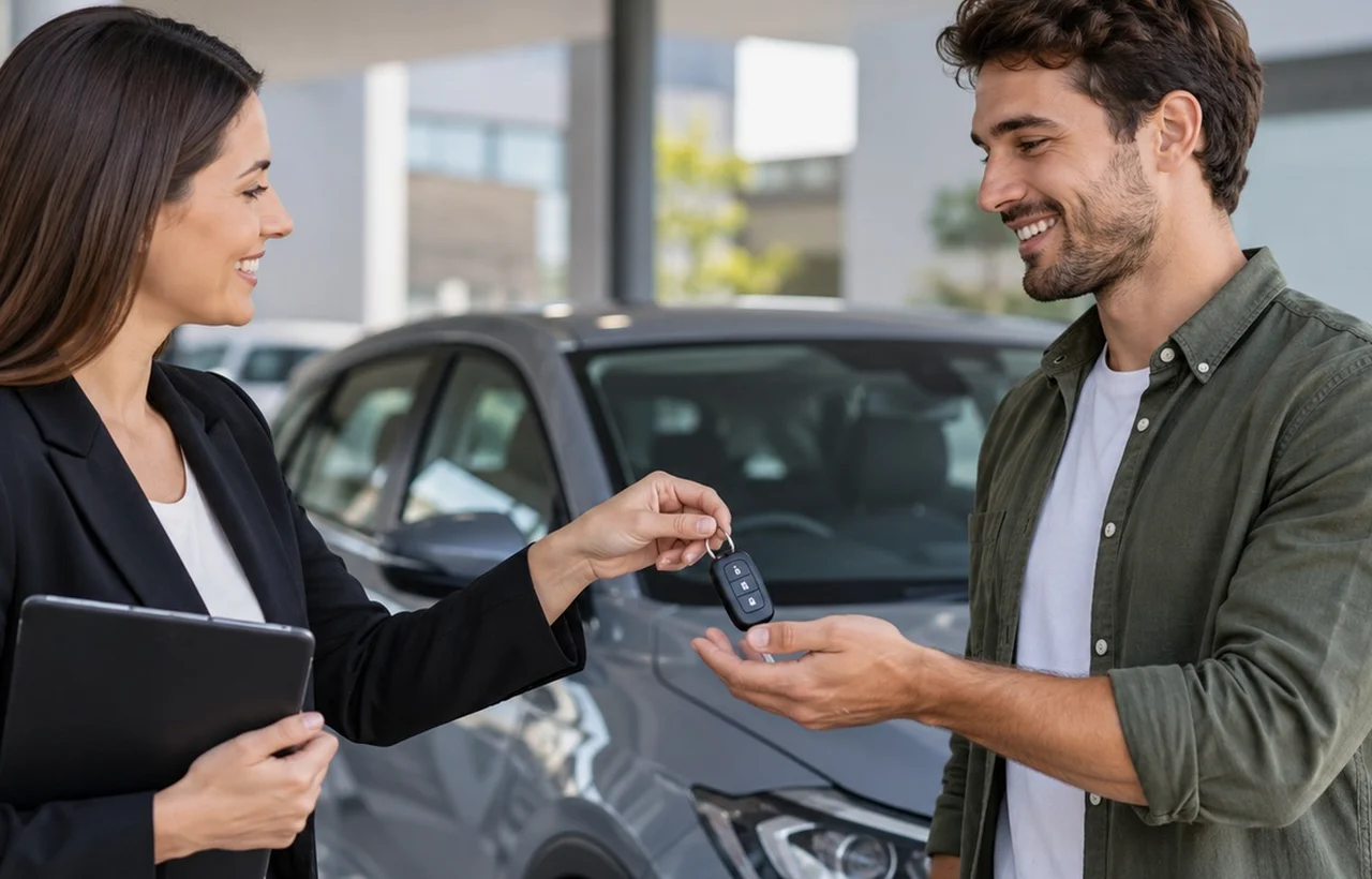 Couple de retraités récupérant une voiture neuve en location chez un concessionnaire