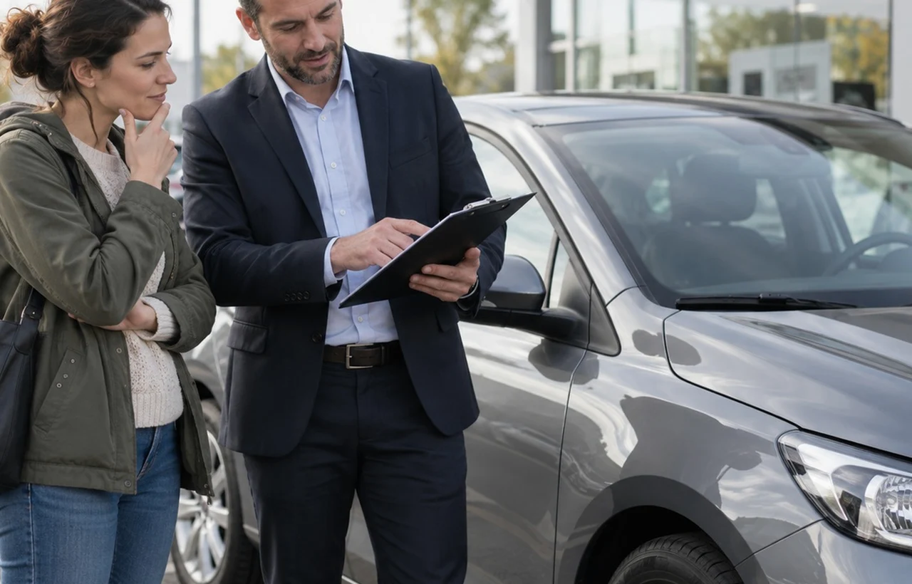 Senior Irish driver being shown a new hybrid car at a showroom