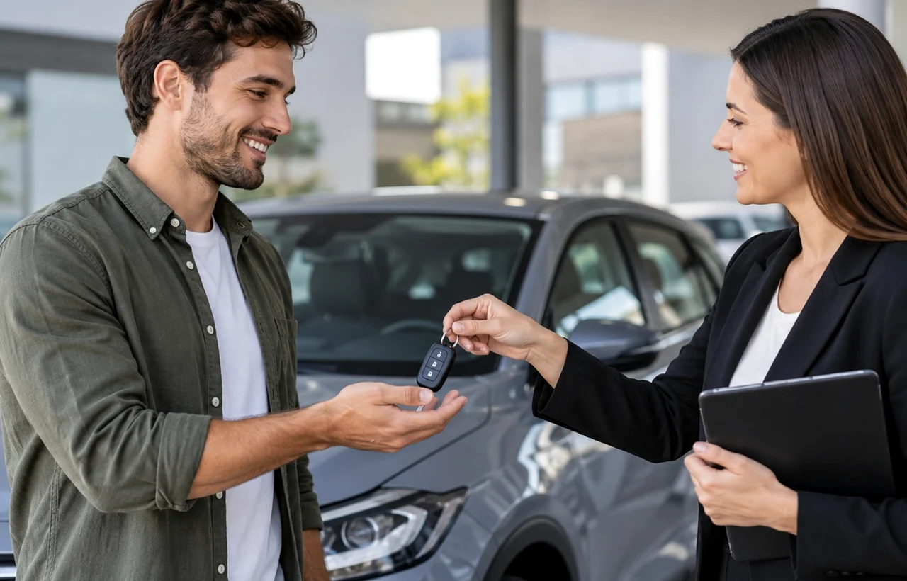 Pensionato italiano ritira un'auto ibrida a noleggio presso un concessionario, con il consulente che gli consegna le chiavi