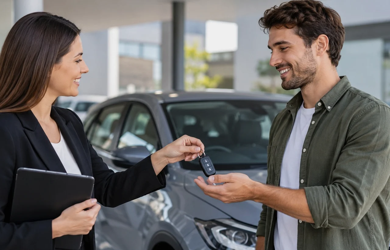 Pensininkas apžiūri naudotą automobilį prieš pirkdamas jį išsimokėtinai