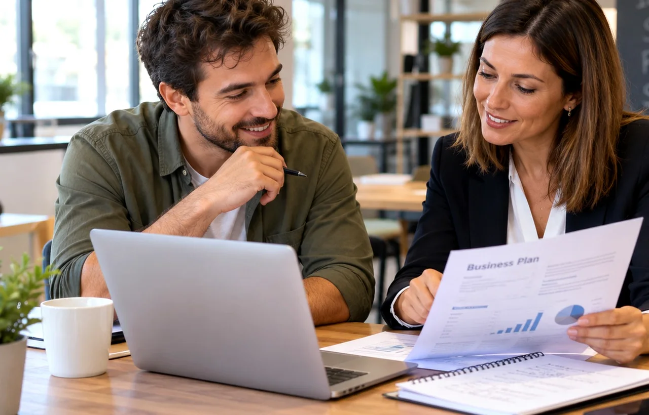 Artisan senior dans son atelier consultant un plan de financement