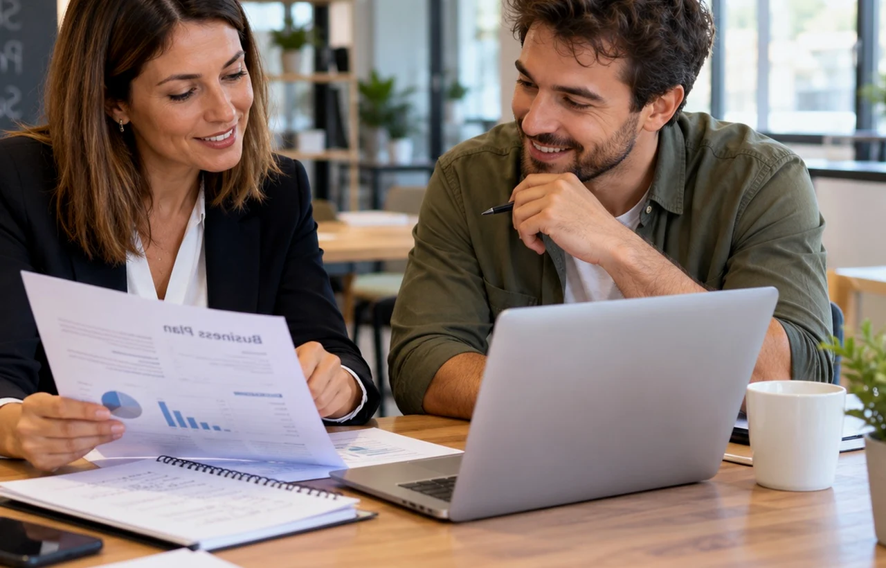 Salariée de 56 ans en CDD présentant ses bulletins de paie à une banquière