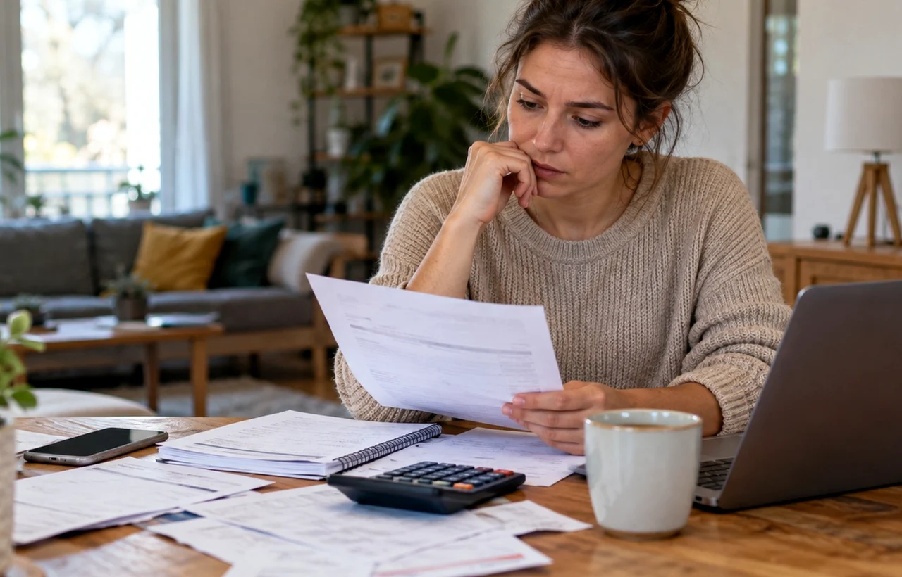 Retired couple sorting loan statements into piles on a dining table