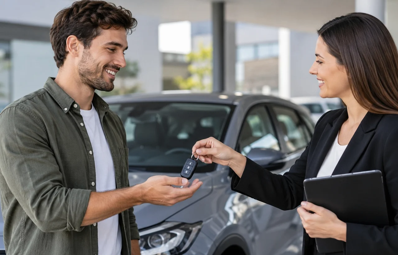 Retraitée calculant son budget de voyage devant un camping-car garé