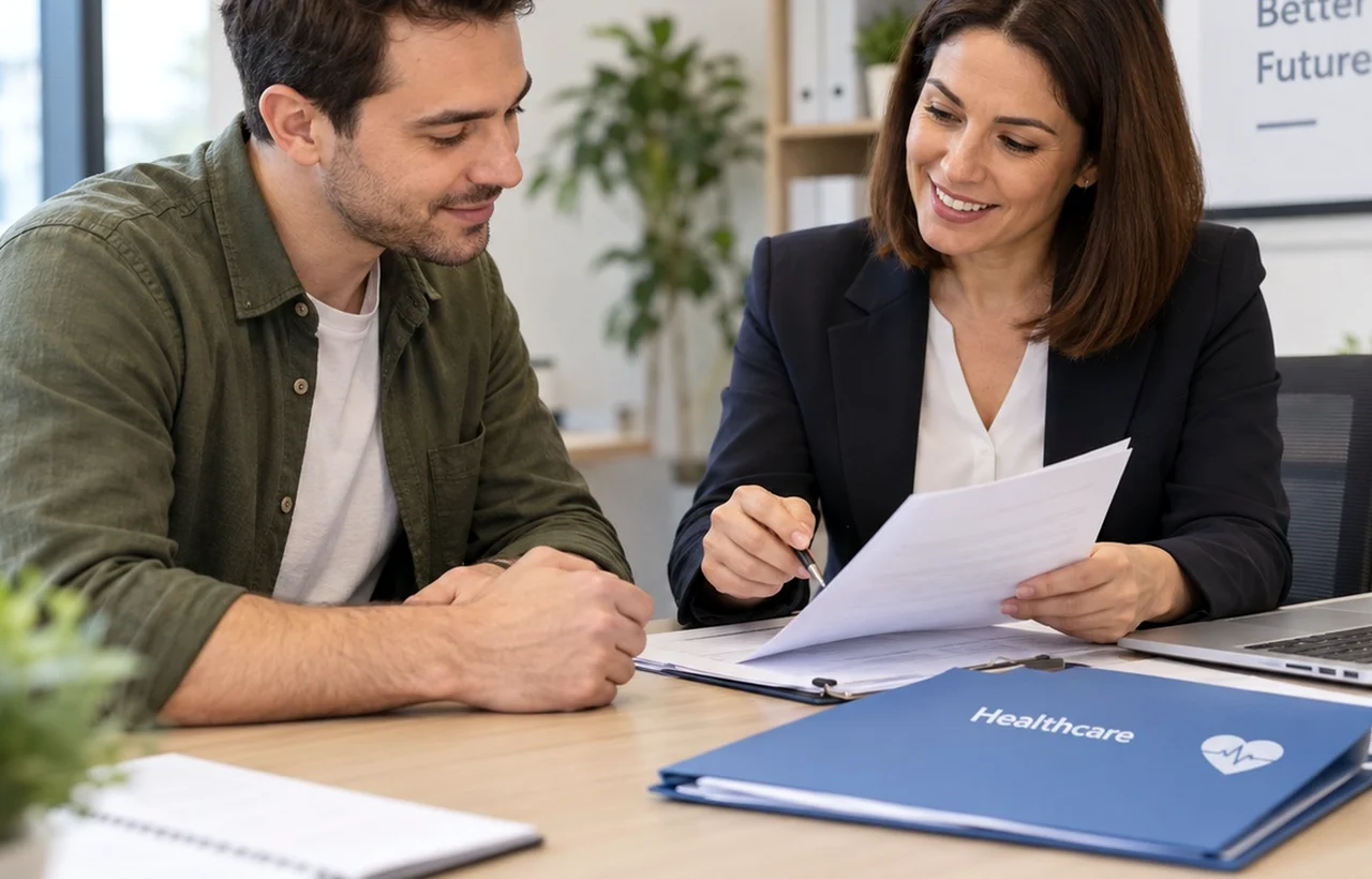 Salarié de cinquante-cinq ans étudiant une offre de prêt avec un conseiller