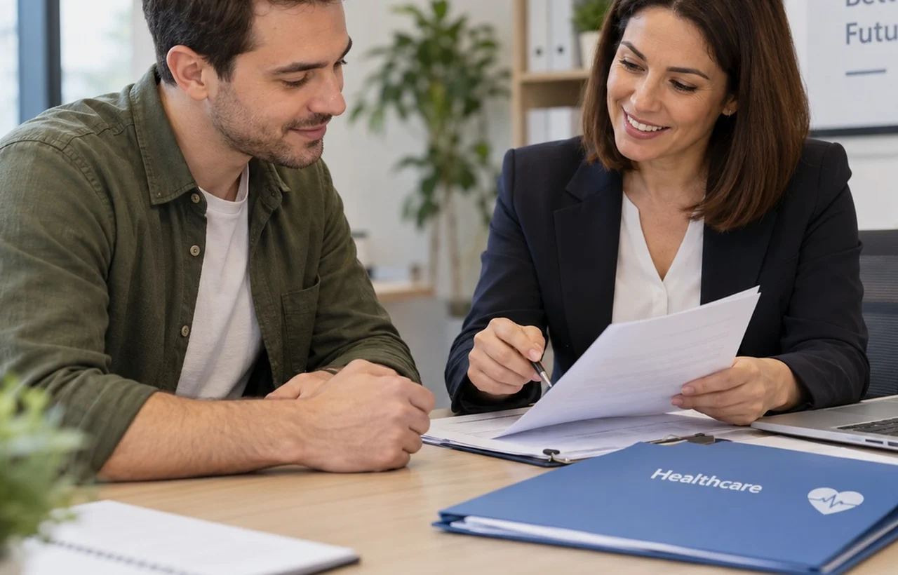 Retired man reviewing a dental treatment quote with his dentist in a French practice
